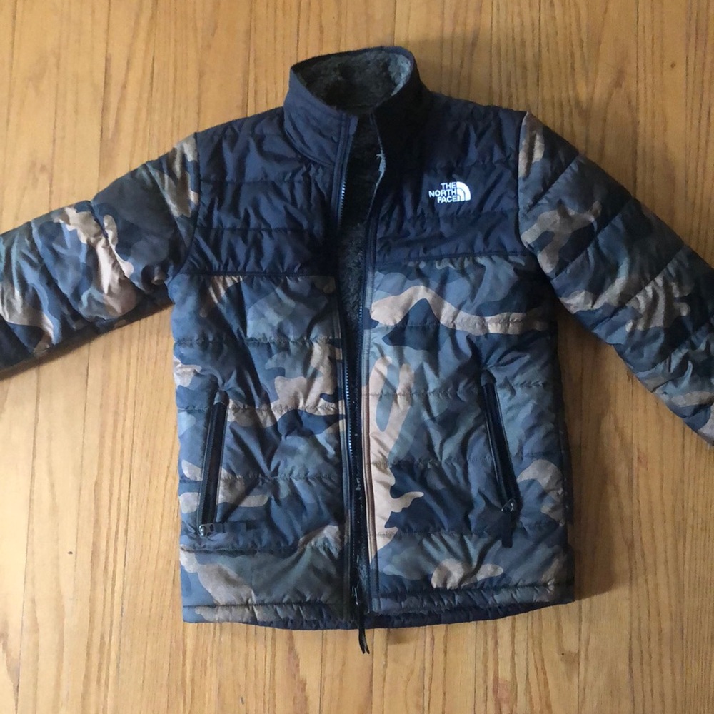 Boys North Face camouflage and fuzzy reversible coat